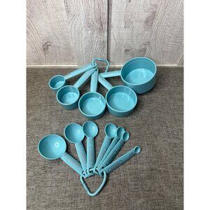 Farberware 10 Piece Aqua Blue Measuring Cups & Spoons Set Plastic Stackable